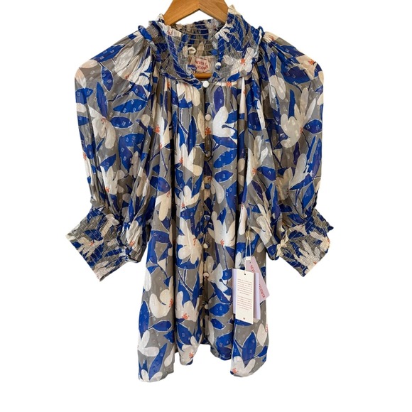 Never A Wallflower Tops - Never A Wallflower Floral Tunic Top Womens XXS Blue High Neck Boho Chiffon NWT